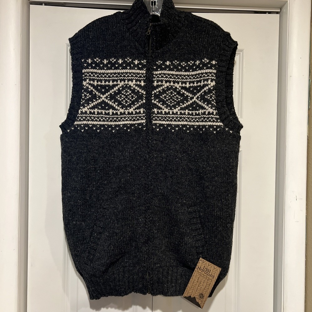 Lost Horizons Men's Sven Fleece Lined‎ Wool Vest Full Zip Natural Black Size XL
